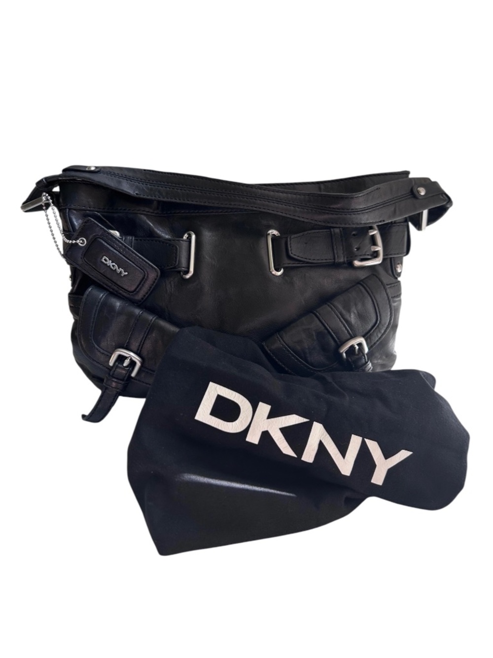 DKNY Leather Bag with Buckles & Pockets in Black LIKE NEW